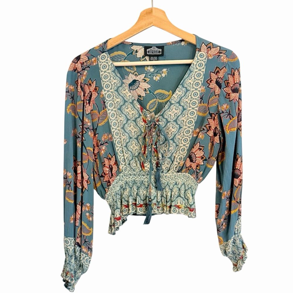 Angie Womens Floral Boho Crop Top Size S Peasant Long Sleeves Lace Up Smocked